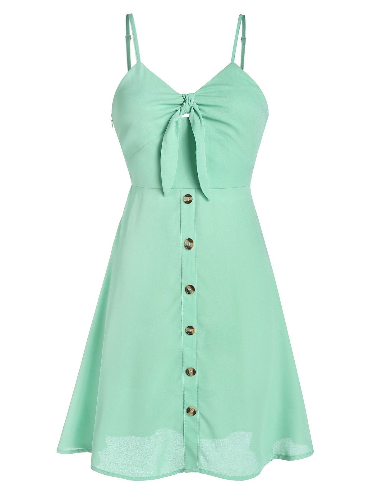 

Knot Front Spaghetti Strap Button Skater Dress, Mint green