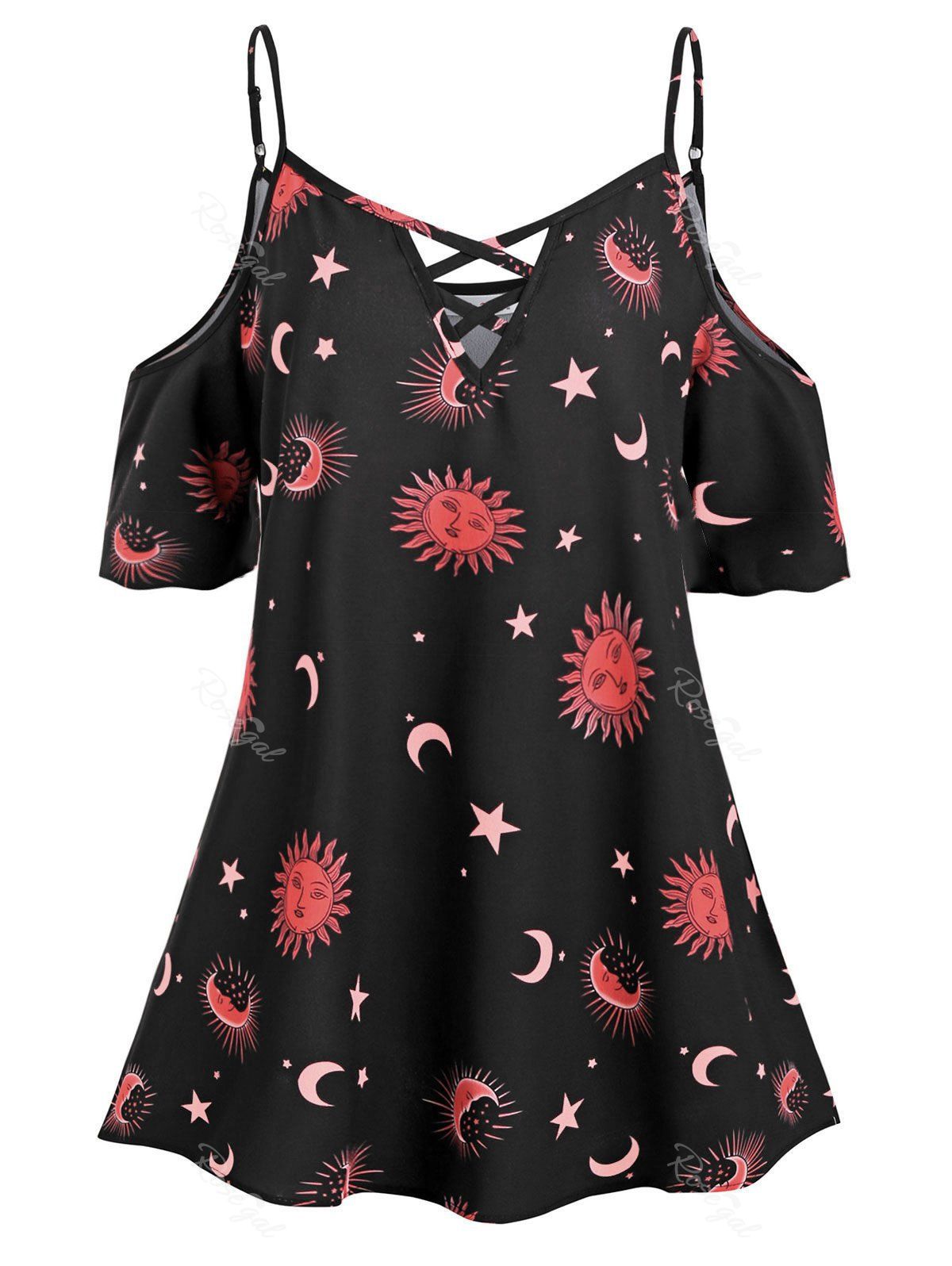 

Cold Shoulder Star Sun And Moon Plus Size Blouse, Black
