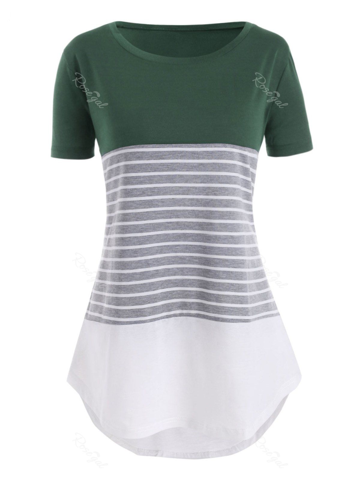 

Color Block Stripes High Low Plus Size Tee, Green