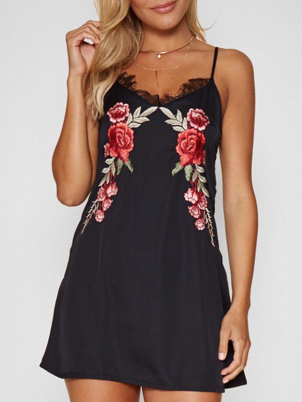 

Lace Panel Floral Embroidered Mini Dress, Black