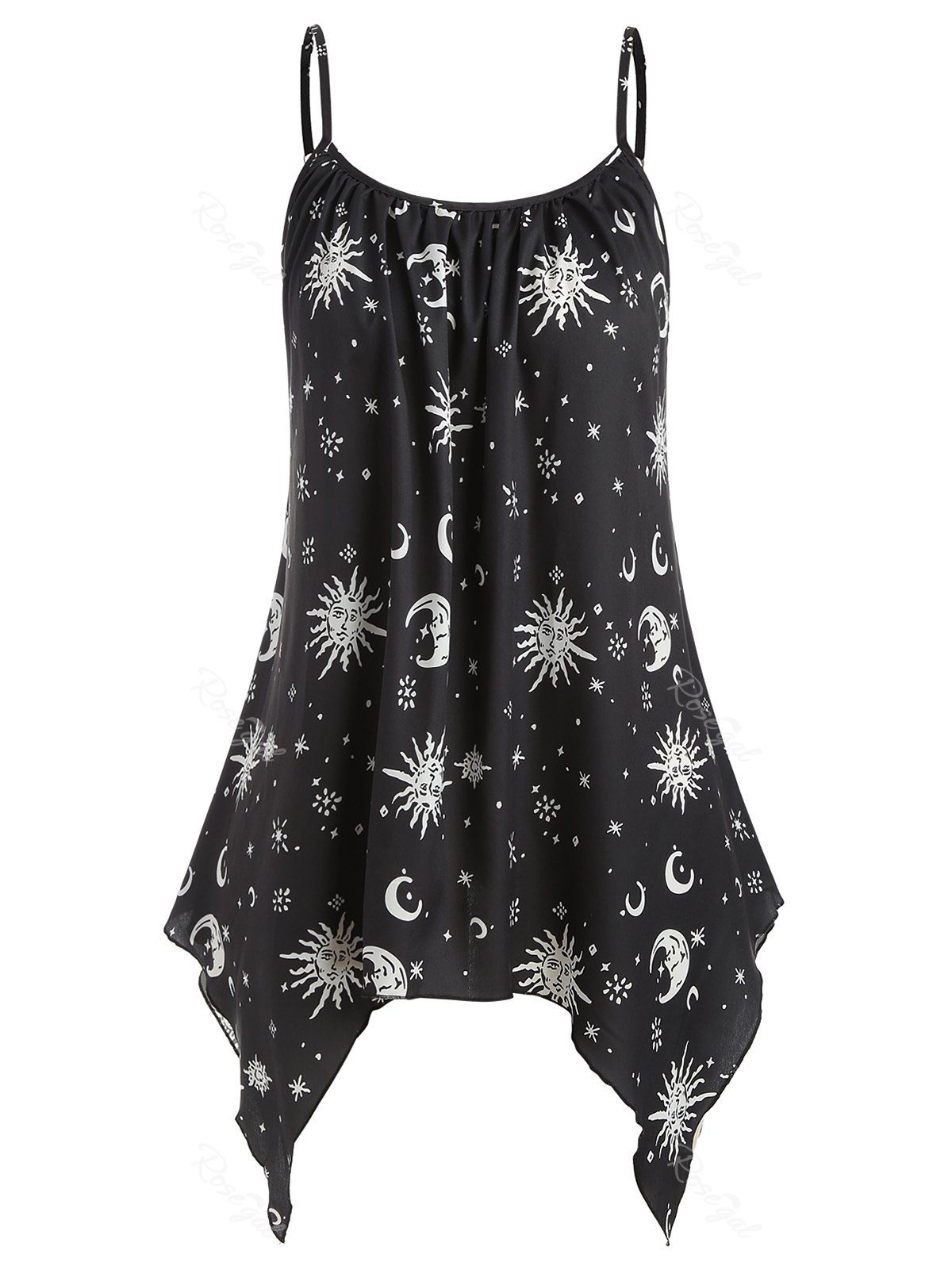 

Plus Size Sun Moon Print Handkerchief Cami Top, Black