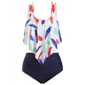 

Plus Size Overlay Feather Print Tankini Swimwear, Multi a