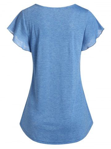 

V Neck Buttoned Butterfly Sleeve Tee, Blue