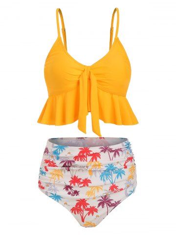 Knot Flounce Coconut Palm Ruched Tankini Swimsuit