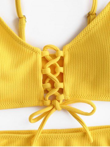

Ribbed Lace-up High Rise Bikini Swimsuit, Yellow