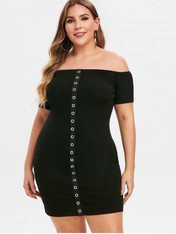 

Plus Size Off Shoulder Grommet Bodycon Dress, Black