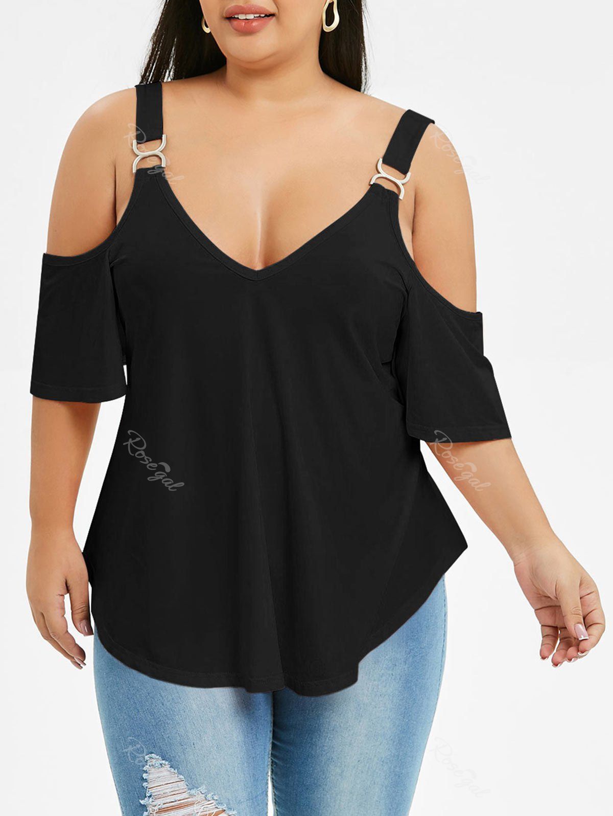 

Plus Size Open Shoulder Tunic T Shirt, Black