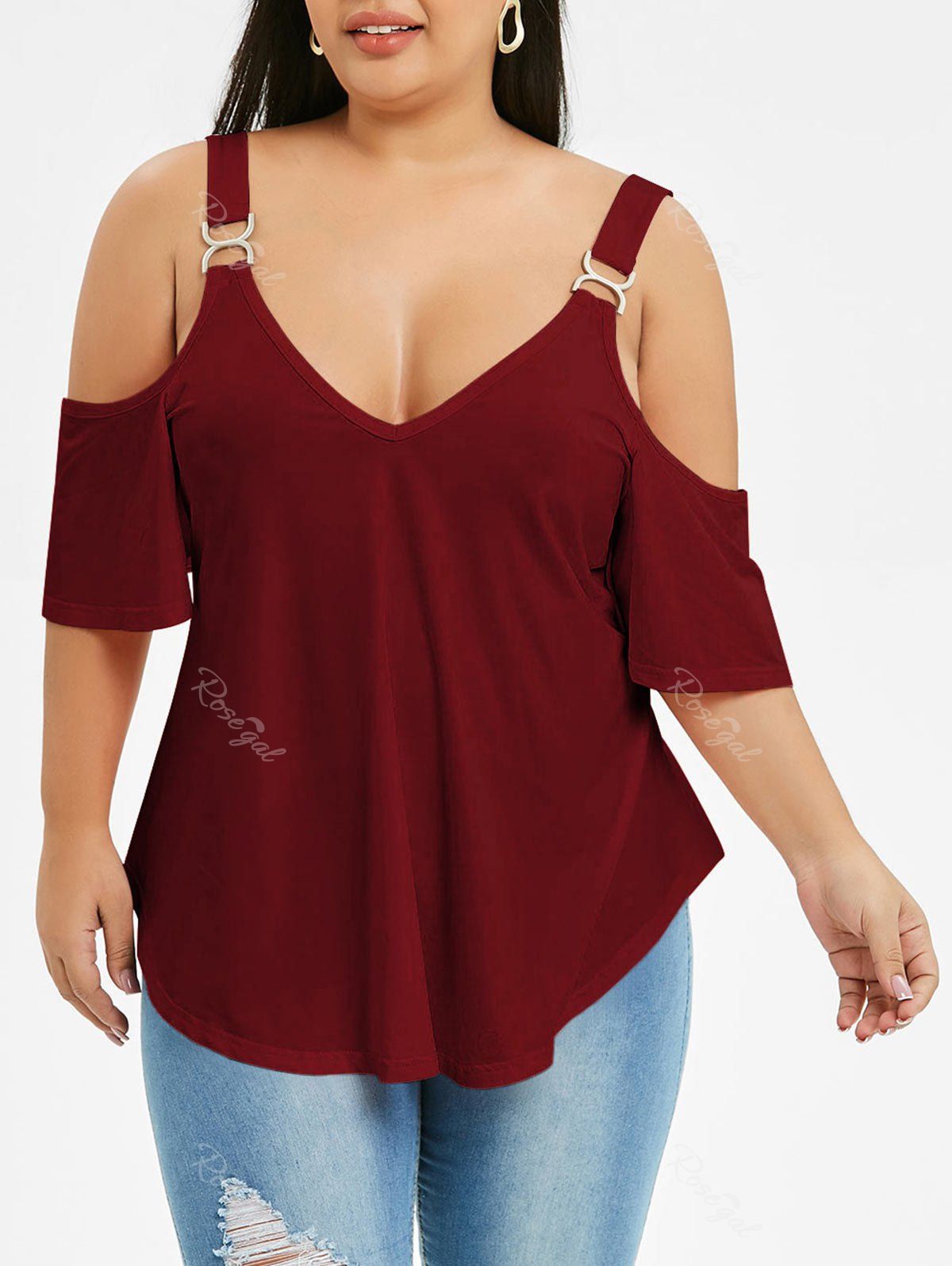 

Plus Size Open Shoulder Tunic T Shirt, Red wine