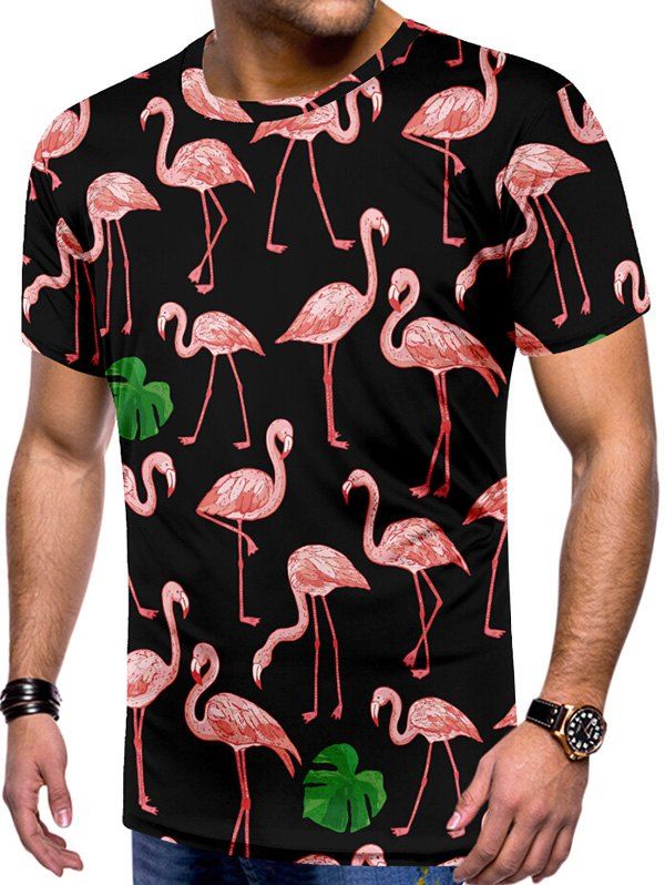 

Tropical Leaf Flamingo Print Hawaii Beach Tee, Multi