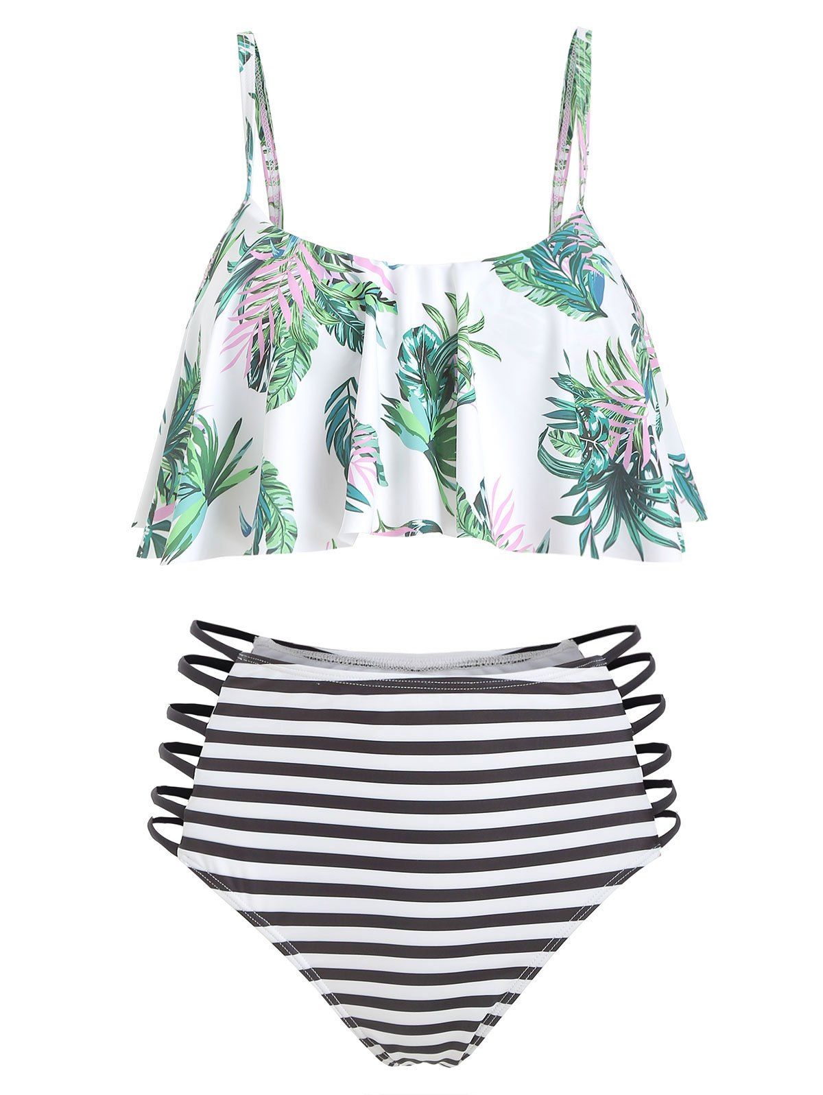 

Leaf Print Flounce Striped Strappy Bikini Swimsuit, Multi