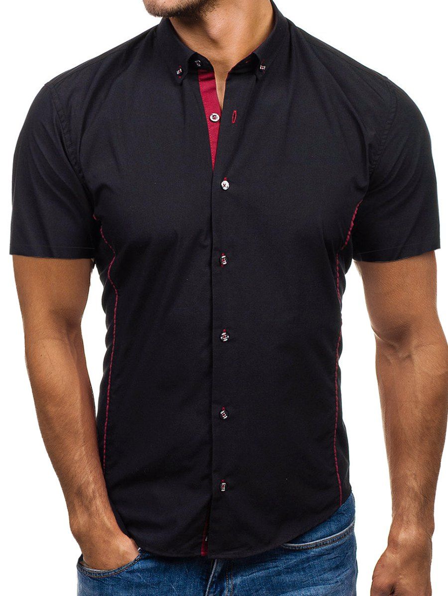 

Contrast Trim Button Down Casual Shirt, Black