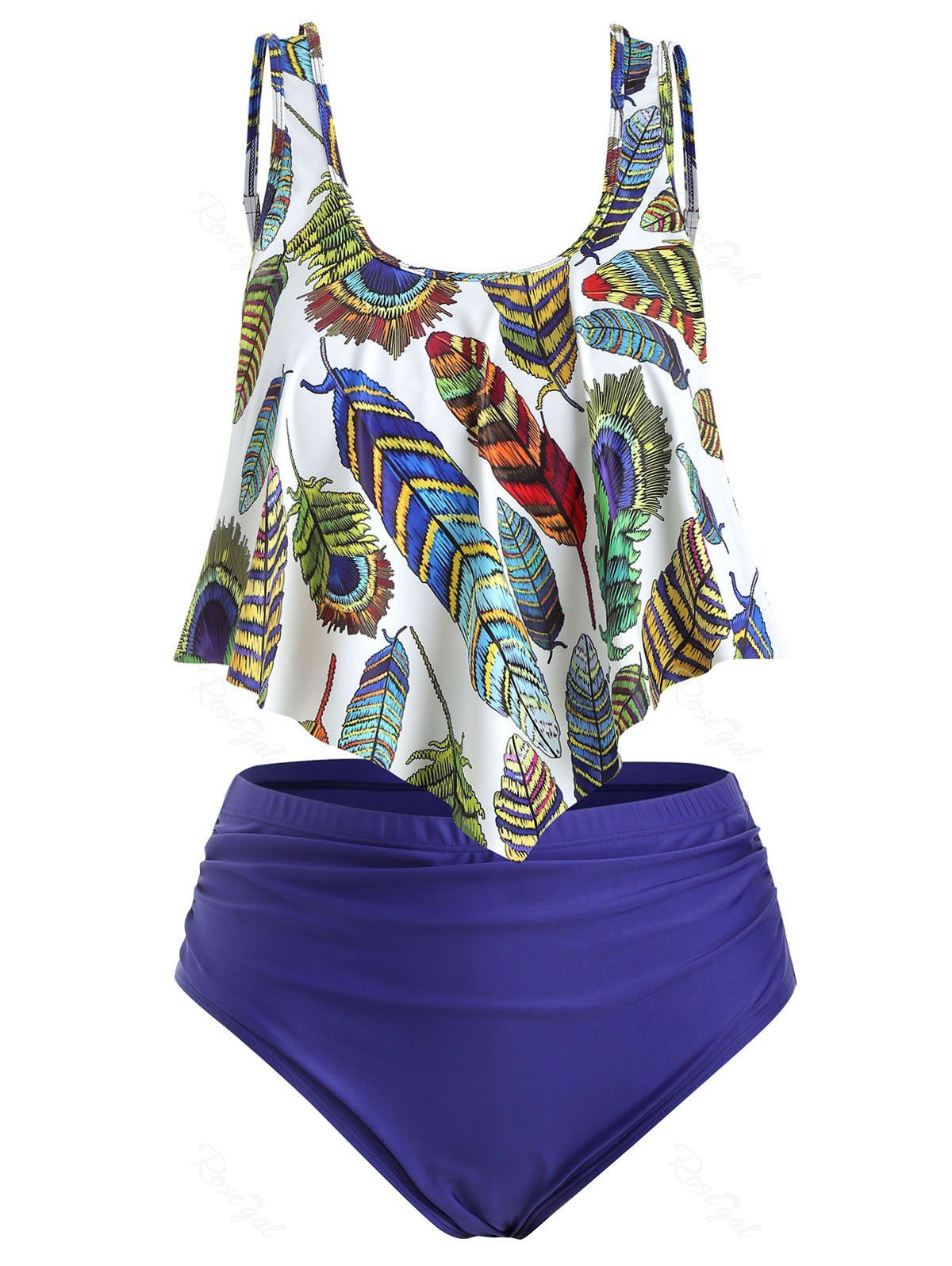 

Plus Size Overlay Feather Print Ruched Tankini Swimsuit, Multi-a