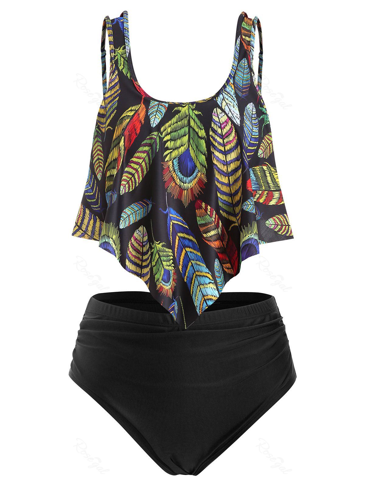 

Plus Size Overlay Feather Print Ruched Tankini Swimsuit, Multi-b