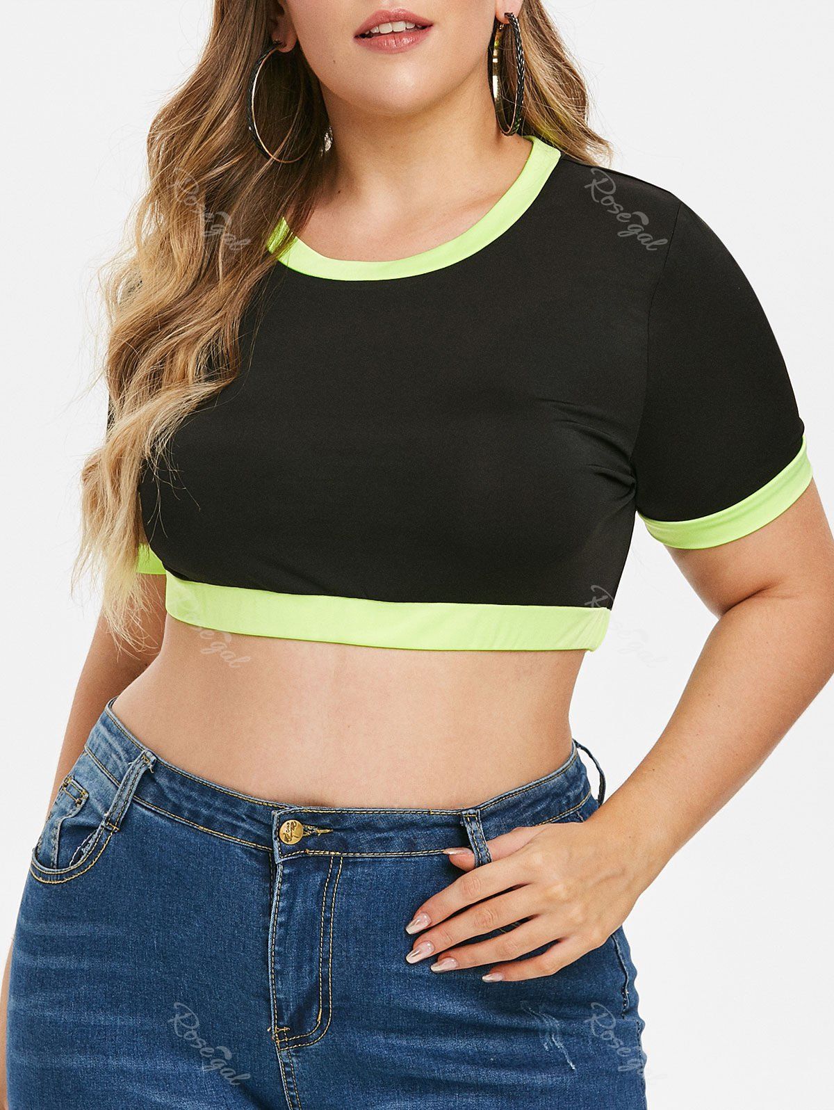 

Plus Size Color Block Neon Crop Top, Black