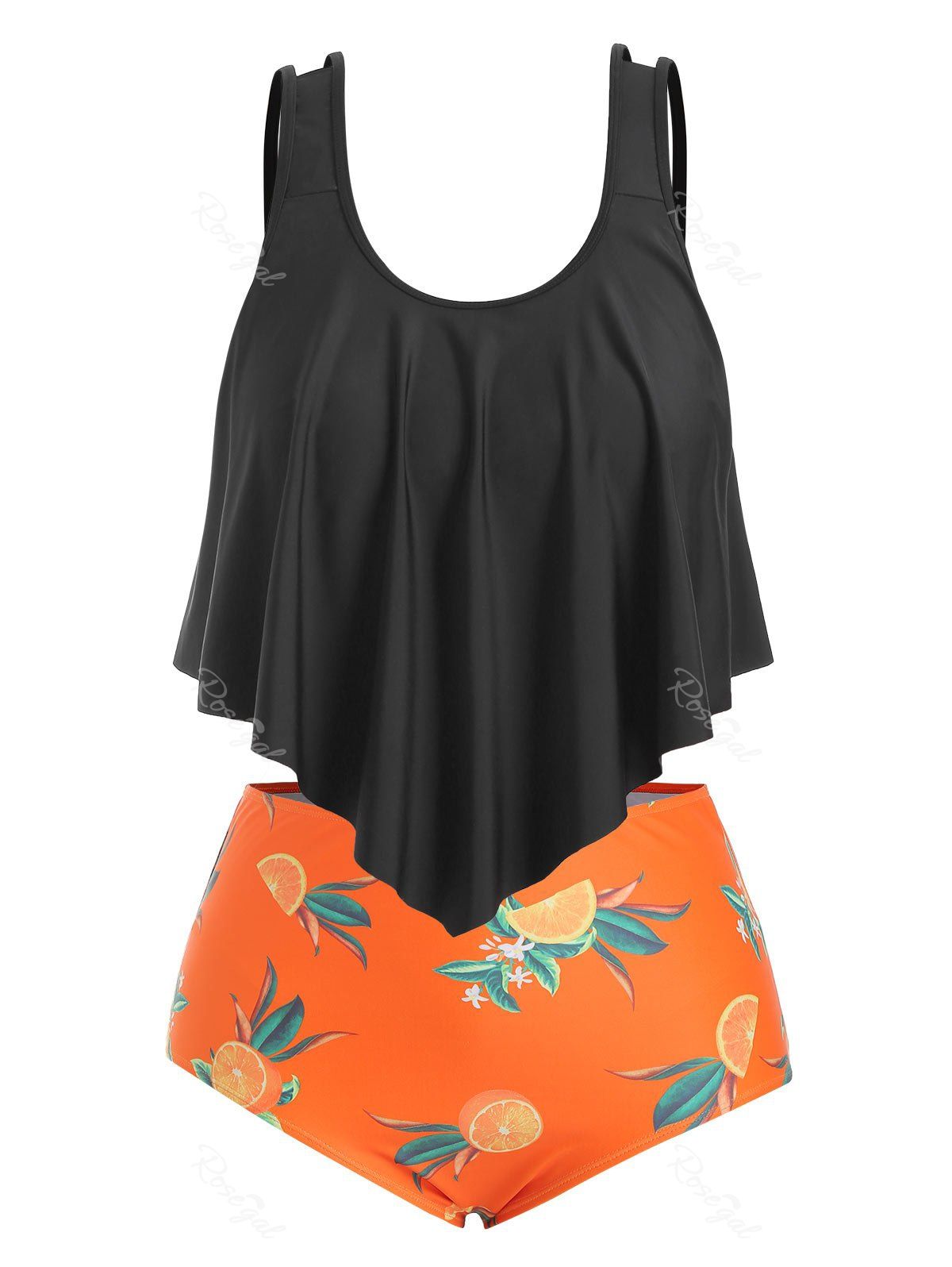 

Plus Size Orange Print Overlay Tankini Swimsuit