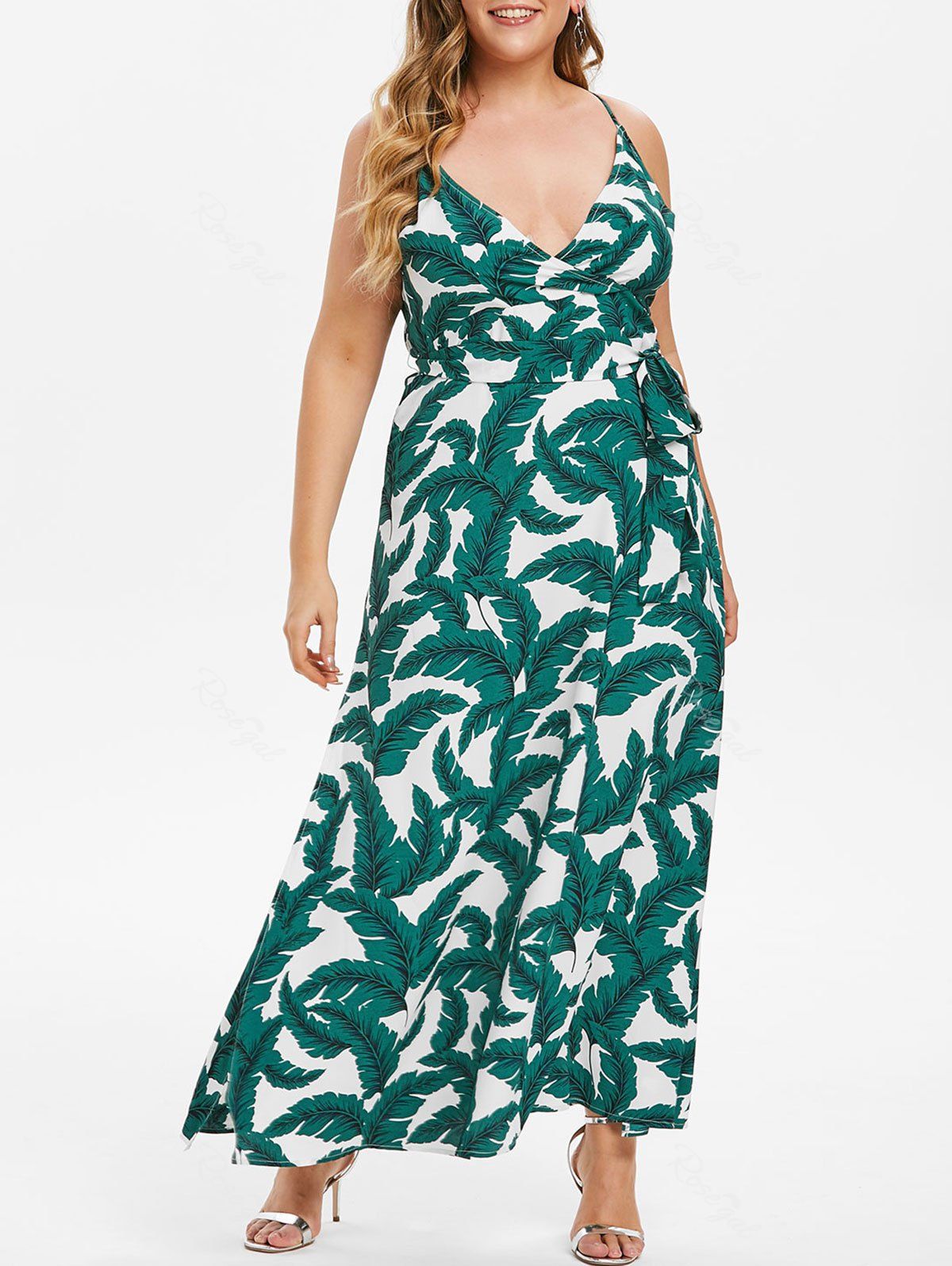 [49% OFF] Plus Size High Slit Palm Print Cami Maxi Dress | Rosegal