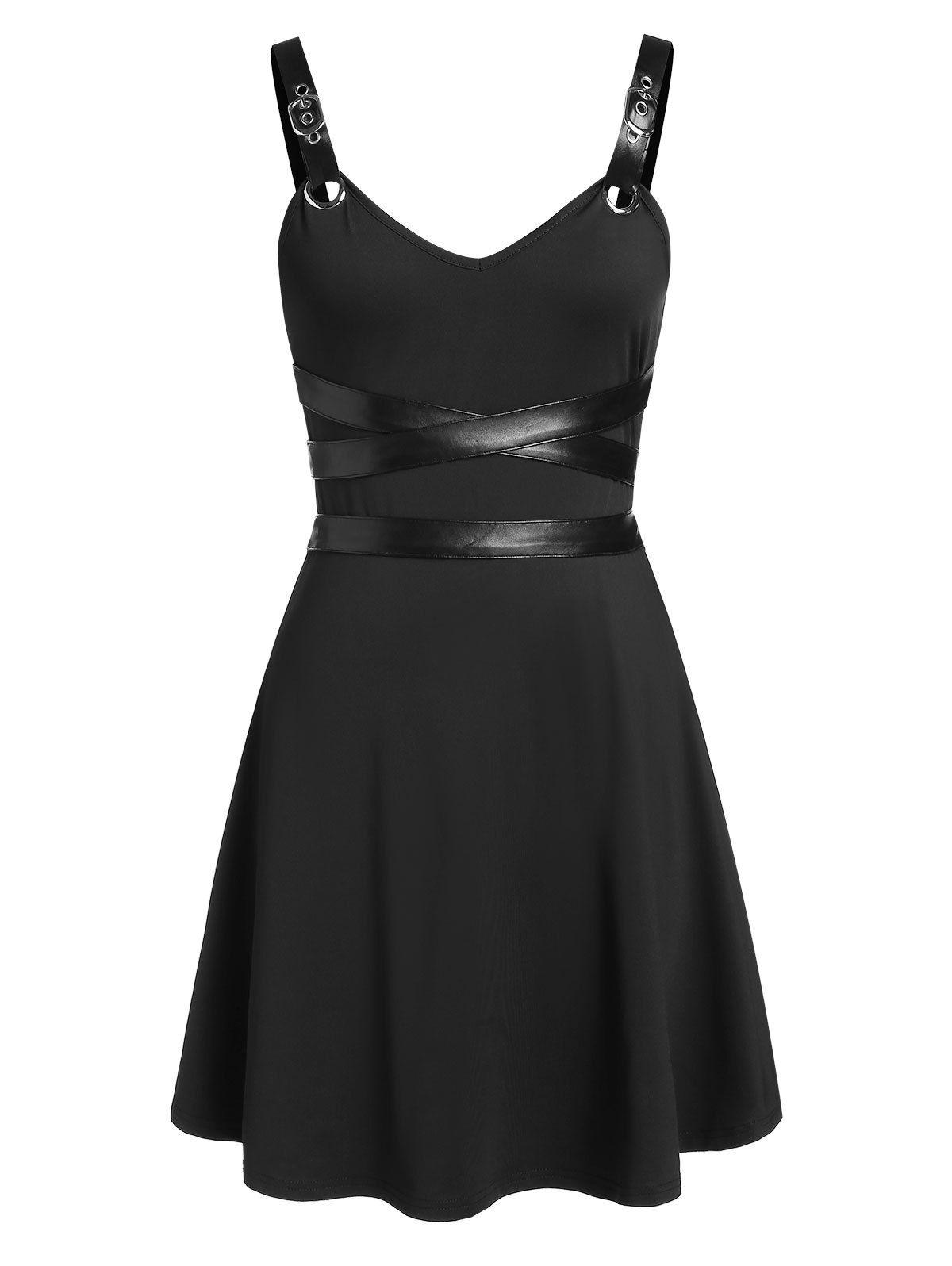 

Faux Leather Insert Sleeveless Flare Dress, Black