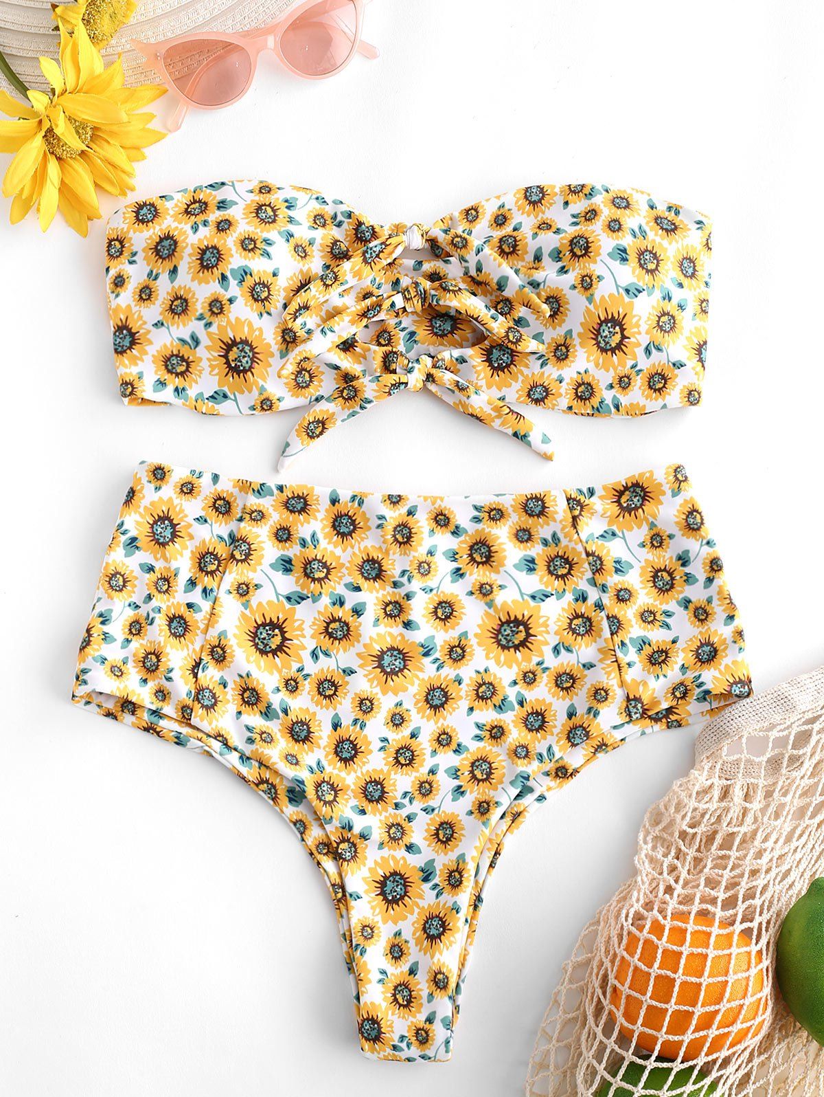 

Sunflower Print Tie Front High Rise Bikini Swimsuit, Yellow