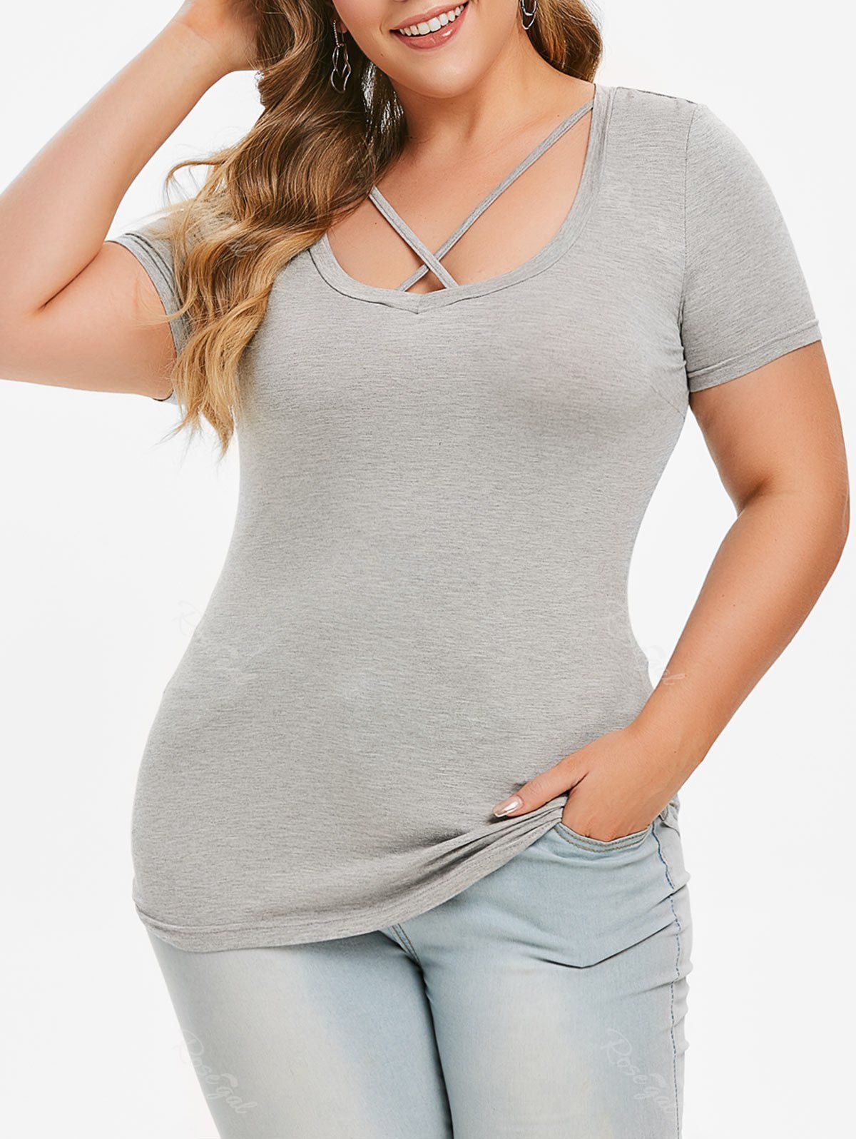 

Plus Size Cut Out Criss Cross T-shirt, Light gray
