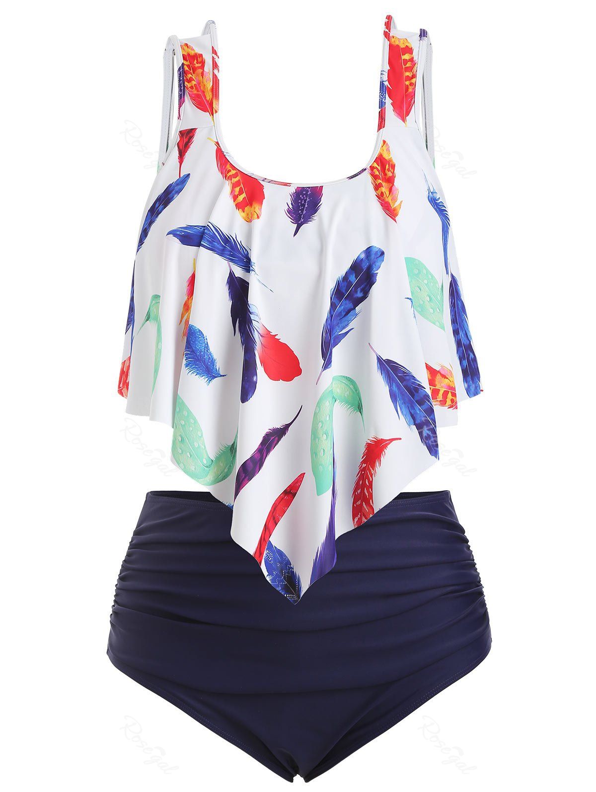 

Plus Size Overlay Feather Print Tankini Swimwear, Multi-a