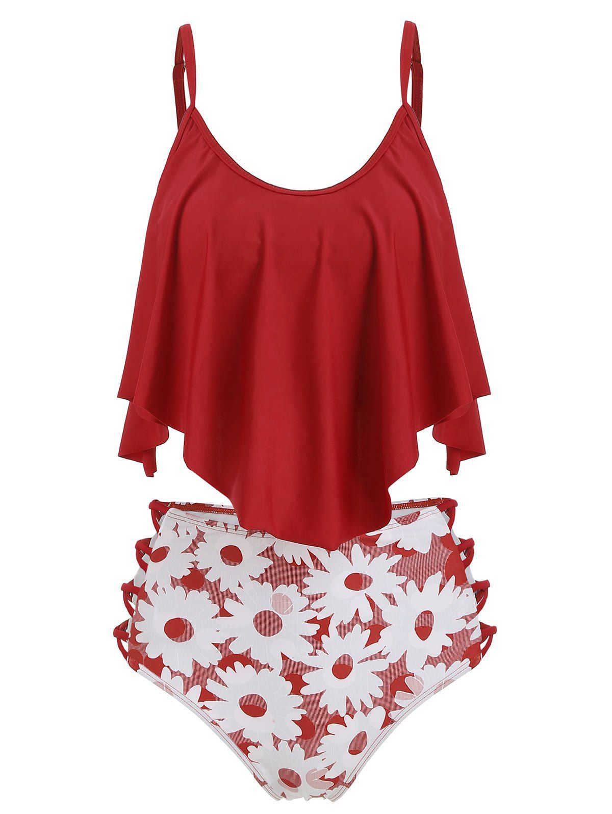 

Flounce Floral Lattice High Waisted Tankini Swimsuit, Red