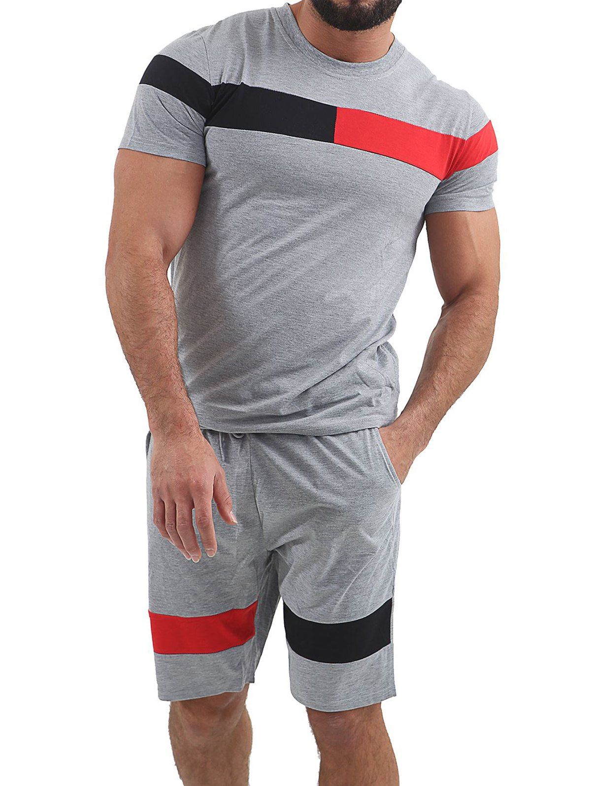 

Color Block Panel T-shirt and Shorts Suits, Light gray