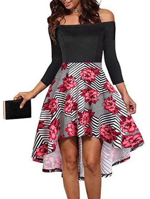 

Asymmetric Off Shoulder Flower Striped Dress, Black