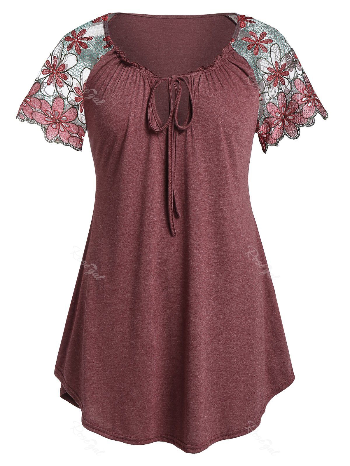 

Plus Size Raglan Sleeve Lace Up T Shirt, Red wine