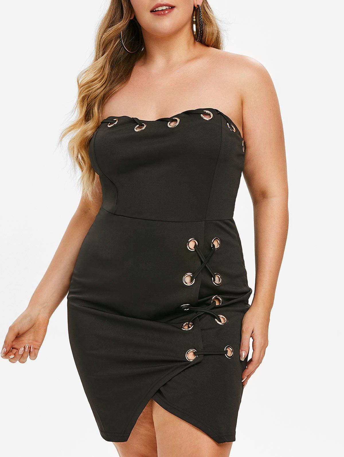 

Plus Size Strapless O Ring Criss Cross Bodycon Dress, Black