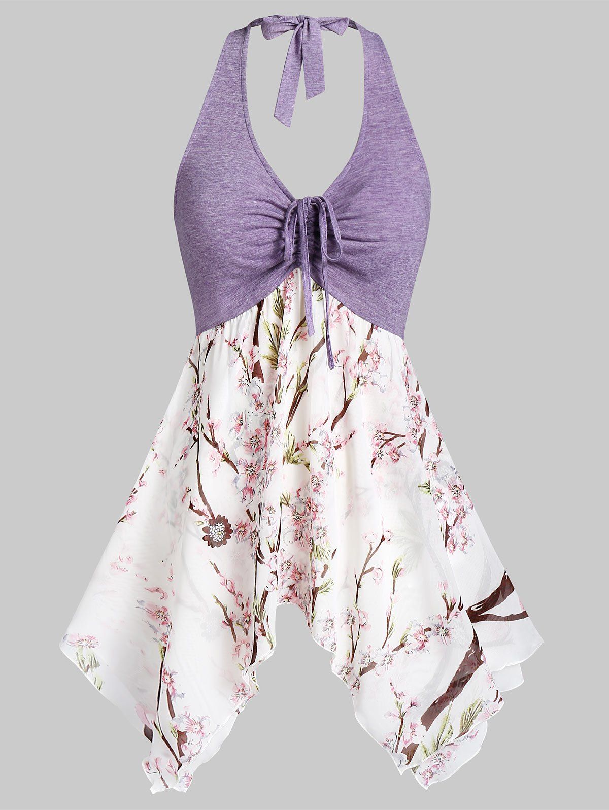 

Asymmetric Flower Print Drawstring Halter Tank Top, White
