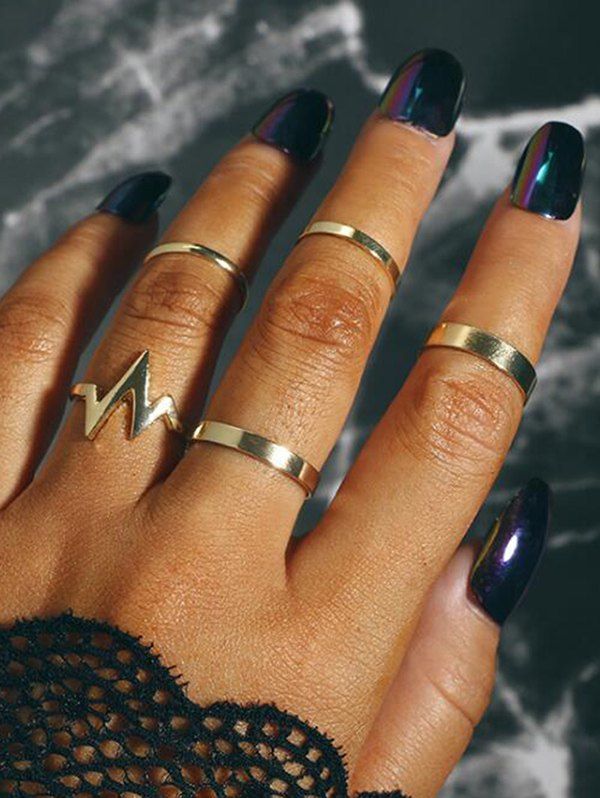 

5Pcs Brief ECG Design Ring Set, Gold