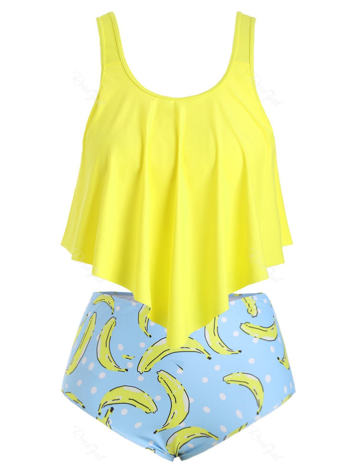 

Plus Size Banana Print Overlay Tankini Swimwear, Yellow