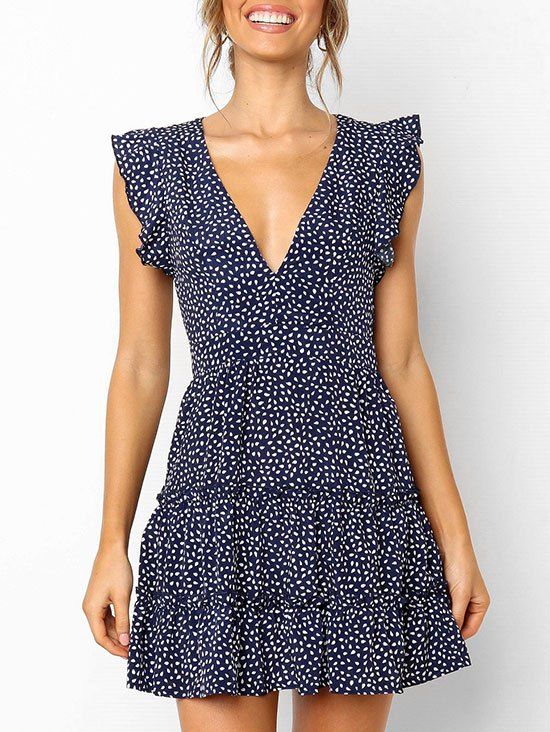 

Water Drop Low Cut Ruffle Mini Dress, Midnight blue