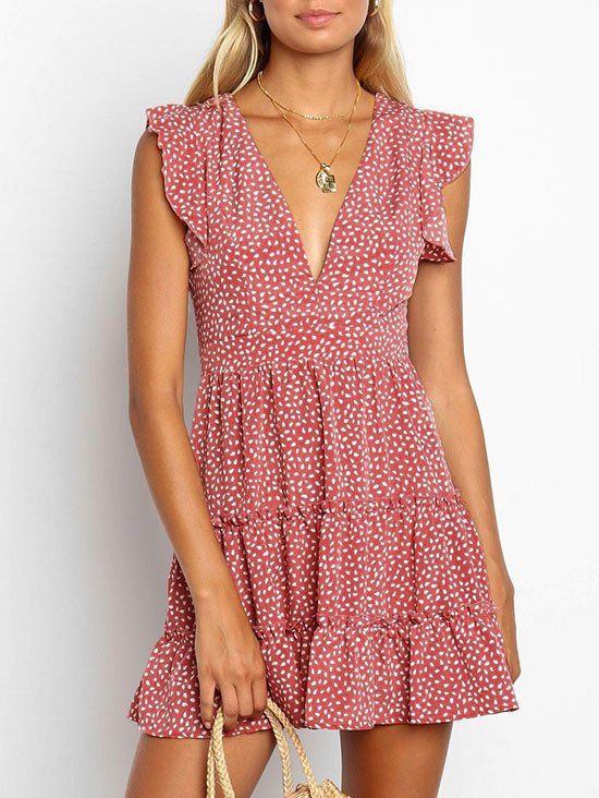 

Water Drop Low Cut Ruffle Mini Dress, Light coral