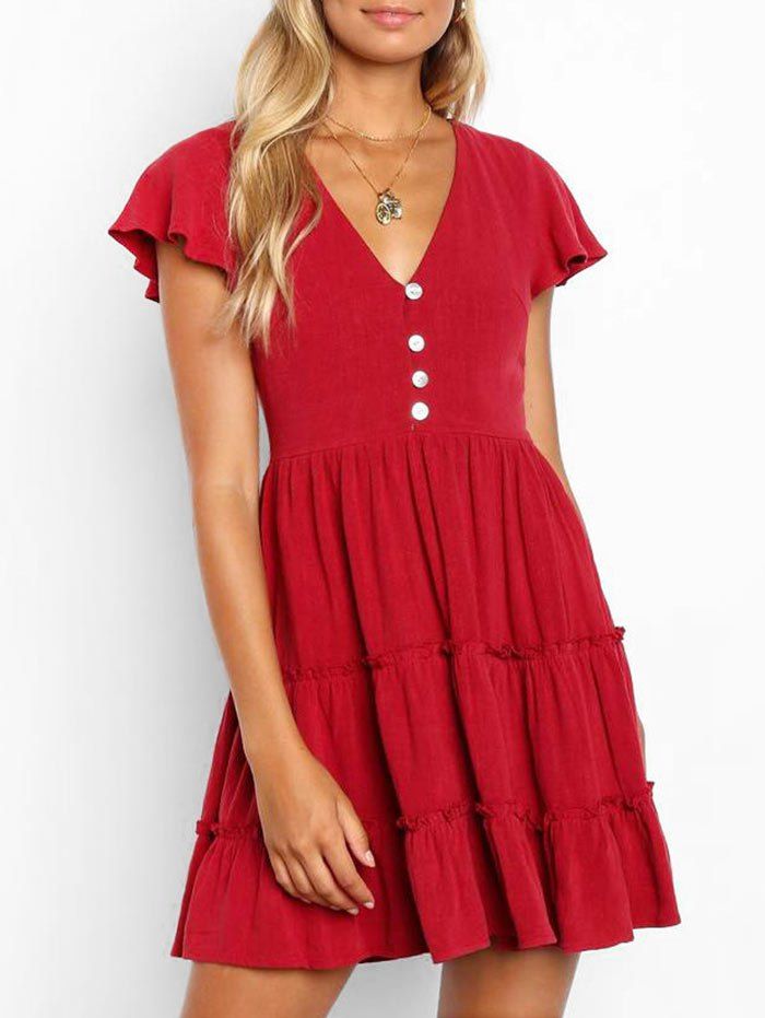 

Half Button V Neck Skater Dress, Rosso red