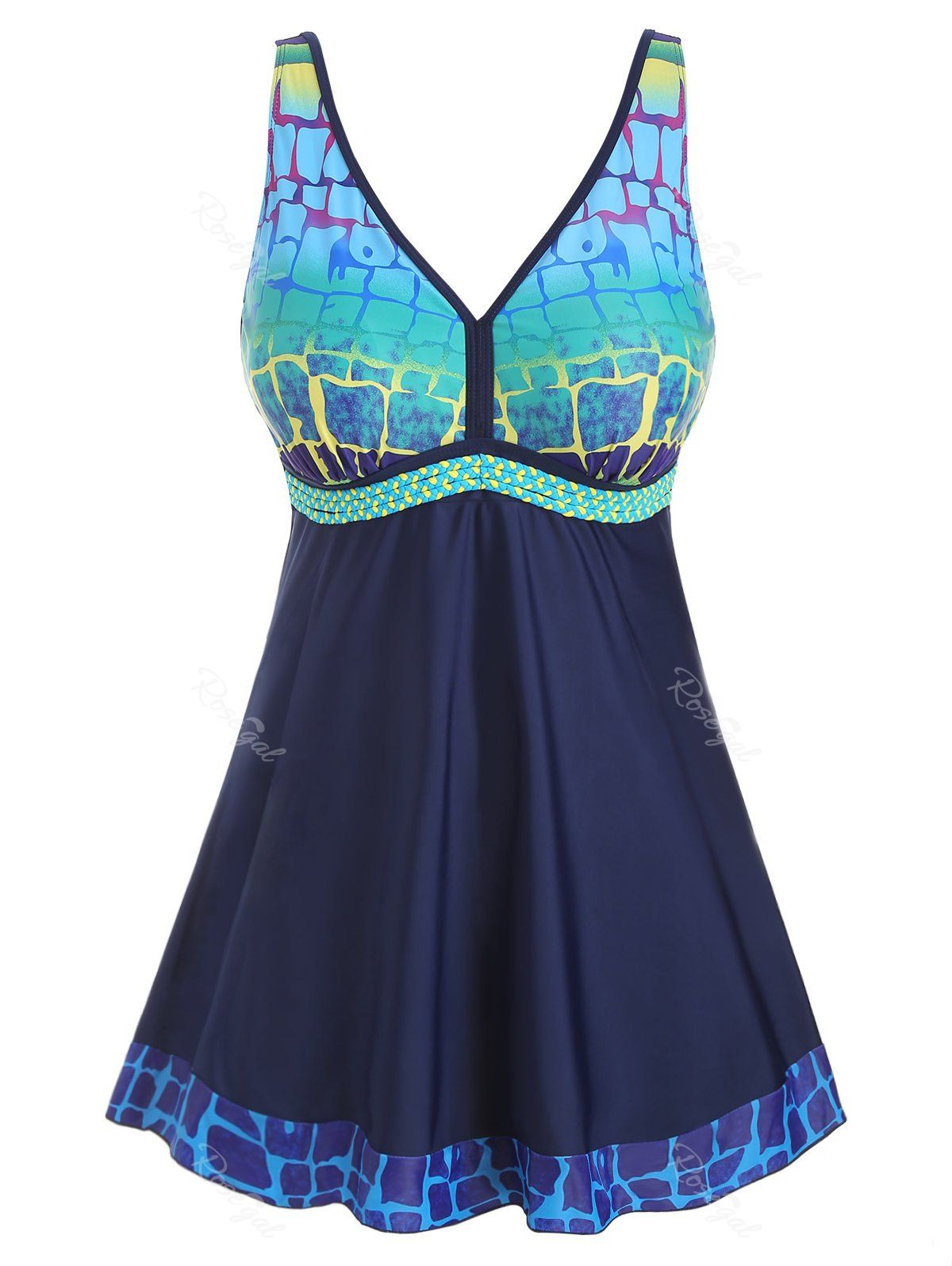 

Braided Straps Printed Panel Plus Size Tankini Swimsuit, Cadetblue