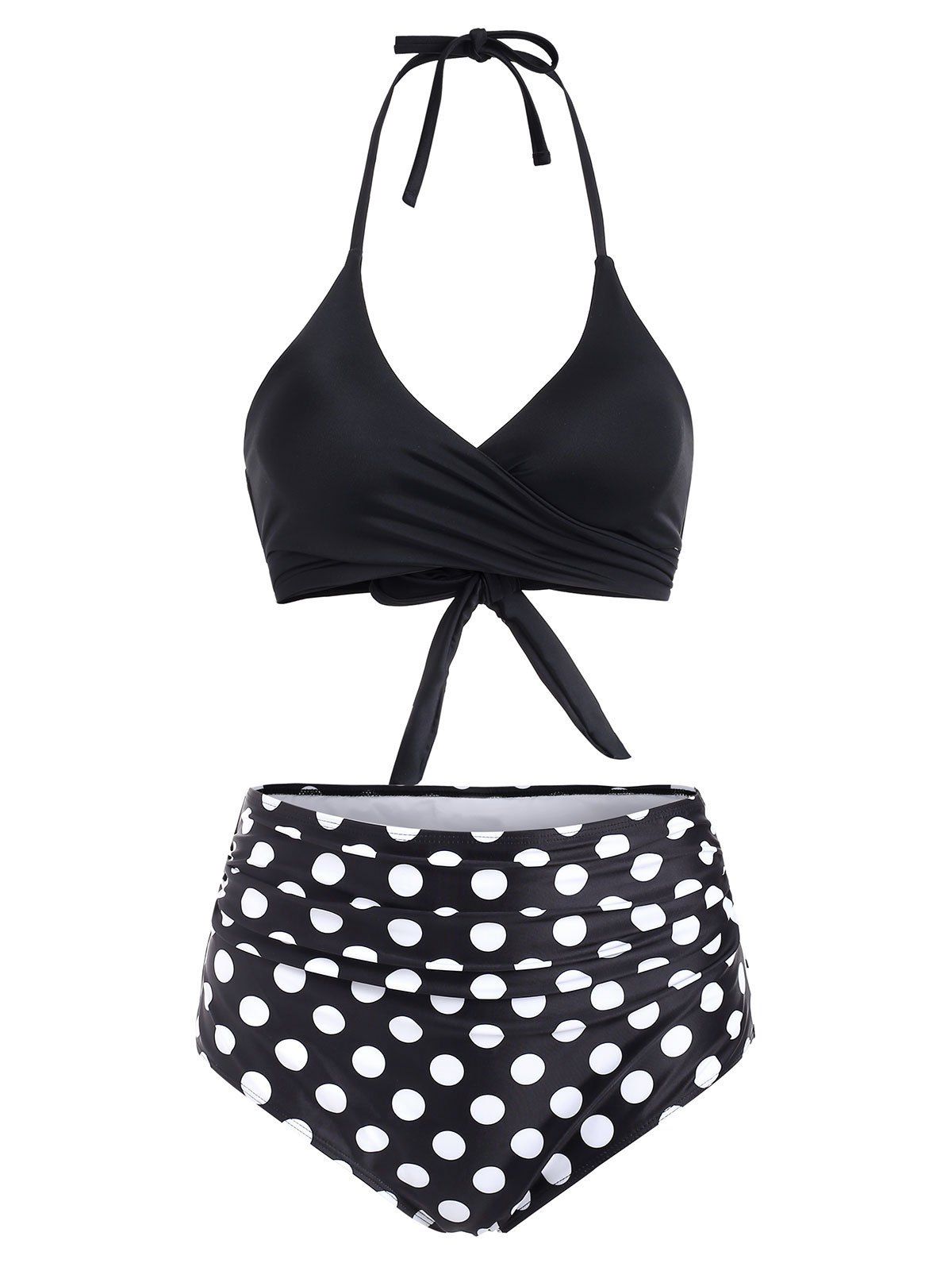 

Polka Dot Ruched High Waisted Halter Bikini Swimsuit, Black