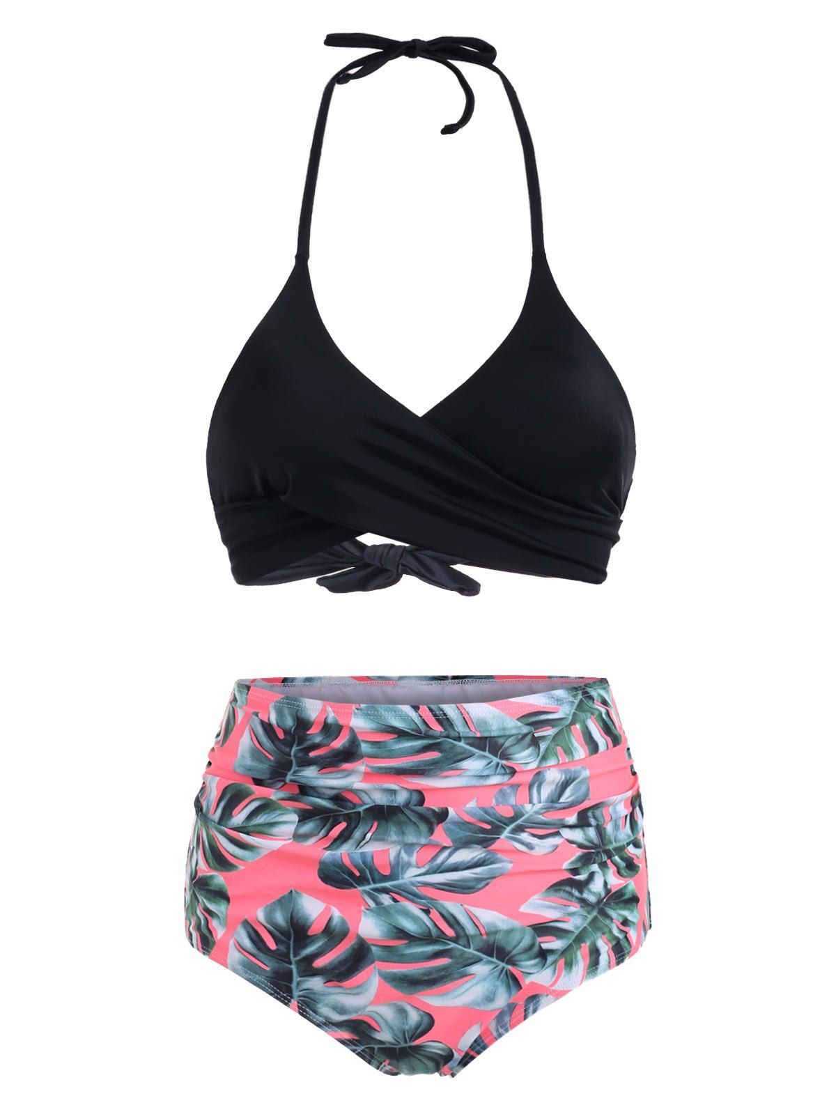 

Palm Leaf Ruched High Waisted Wrap Bikini Swimsuit, Black
