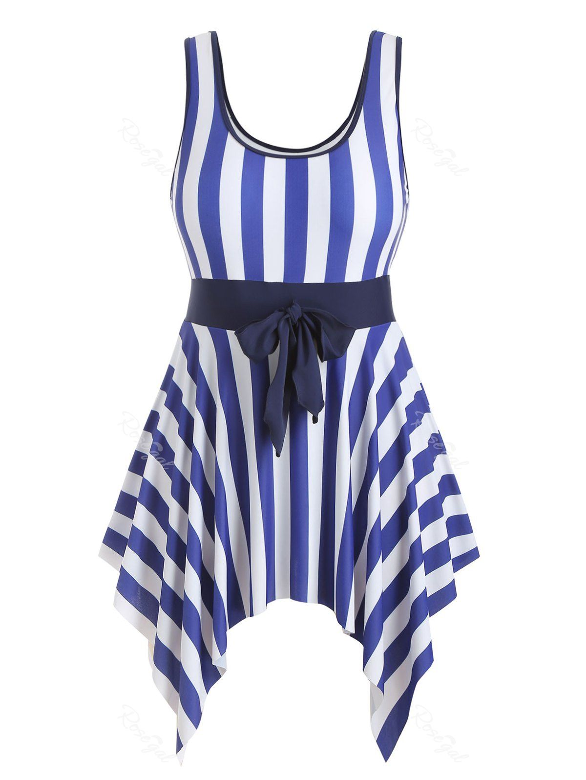 

Handkerchief Stripes Knotted Plus Size Swimsuit Dress, Blue