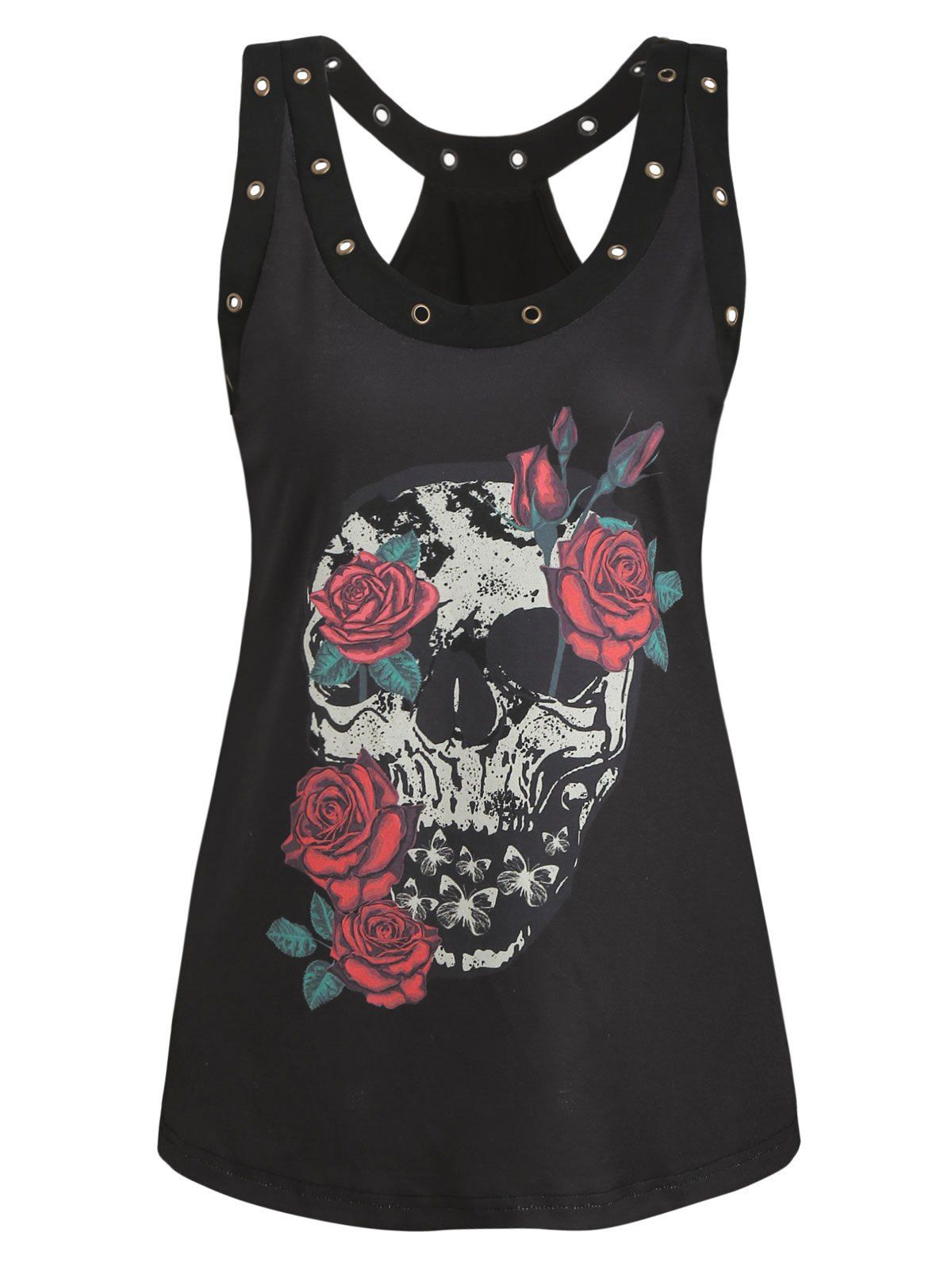 

Skull Floral Cut Out Tank Top, Black