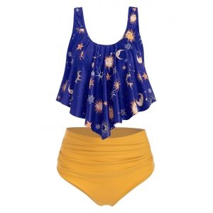 

Sun Stars Moon Flounce High Waisted Tankini Swimsuit, Blueberry blue