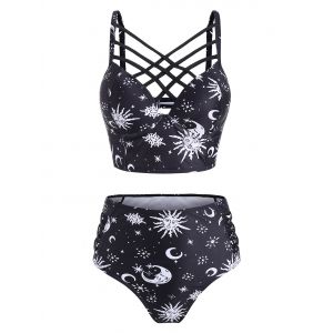 

Sun Star Moon Lattice High Waisted Tankini Swimsuit, Black