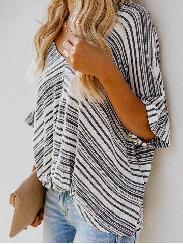 

V Neck Striped Cuffed Twist Dolman Top, Black