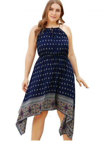 

Plus Size Tribal Print Asymmetrical Midi Dress, Cadetblue