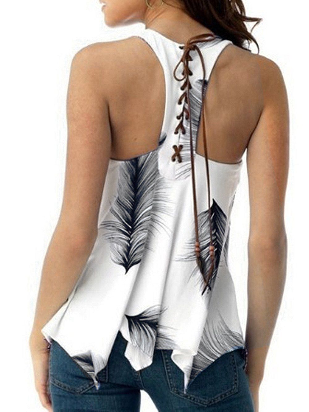 

U Neck Feather Print Lace Up Tank Top, Black