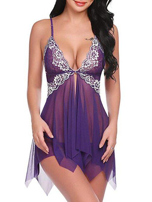 

Lace Panel Mesh Handkerchief Babydoll with G-string, Purple iris
