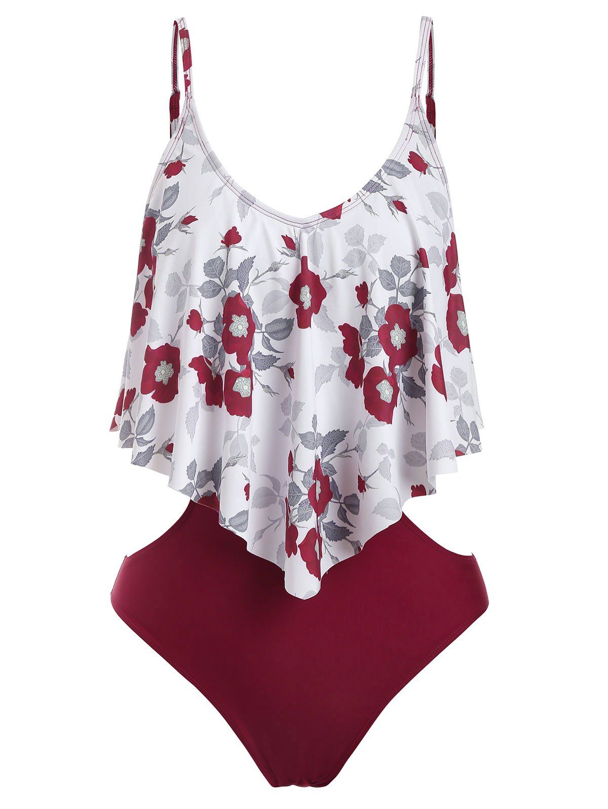 

Flounce Flower Print Cut Out One-Piece Swimsuit, Red wine