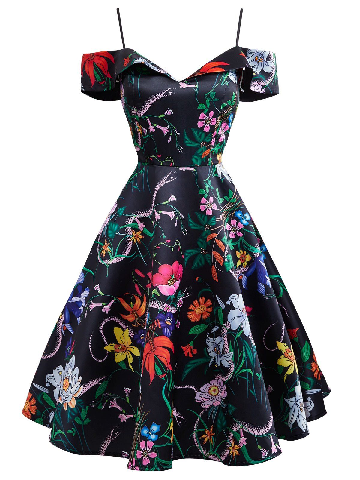 

Floral Snake Print Open Shoulder Foldover Dress, Multi
