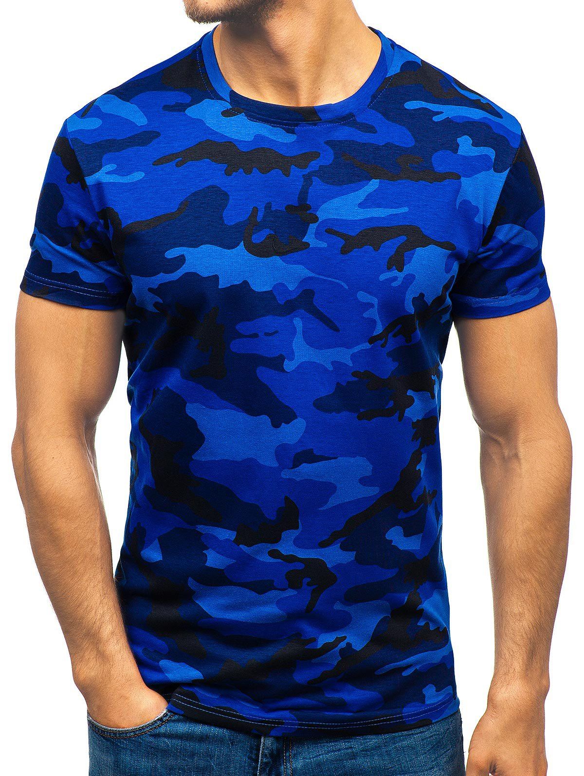

Camouflage Print Crew Neck Tee, Deep blue