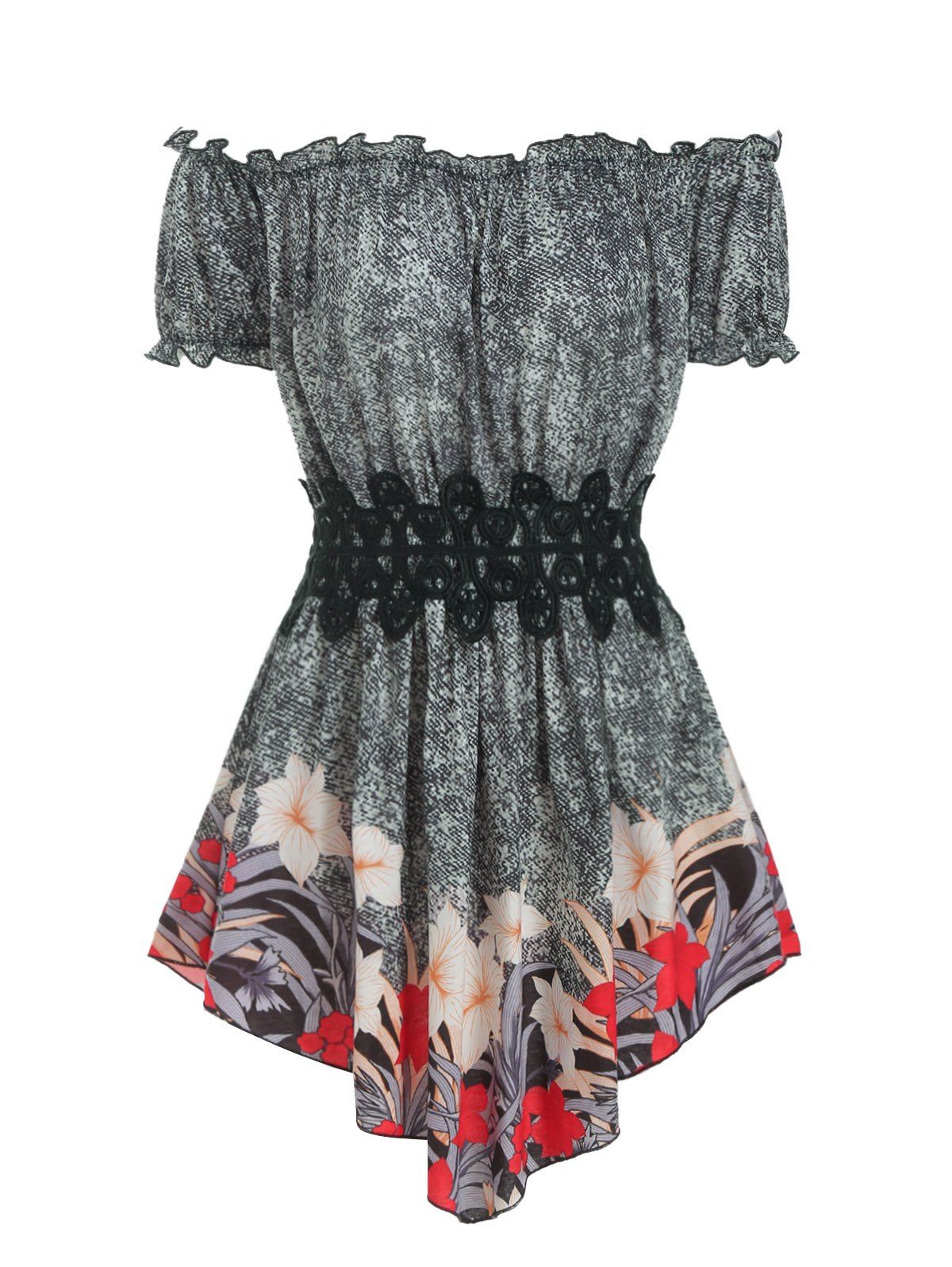 

Lace Panel Floral Print Longline Tee, Gray
